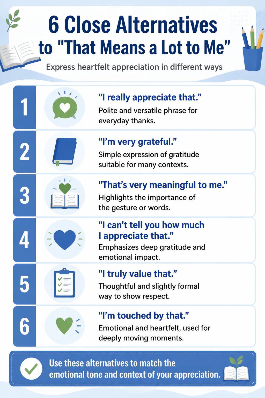 6 Close Alternatives to "That Means a Lot to Me" 6 Close Alternatives to "That Means a Lot to Me"