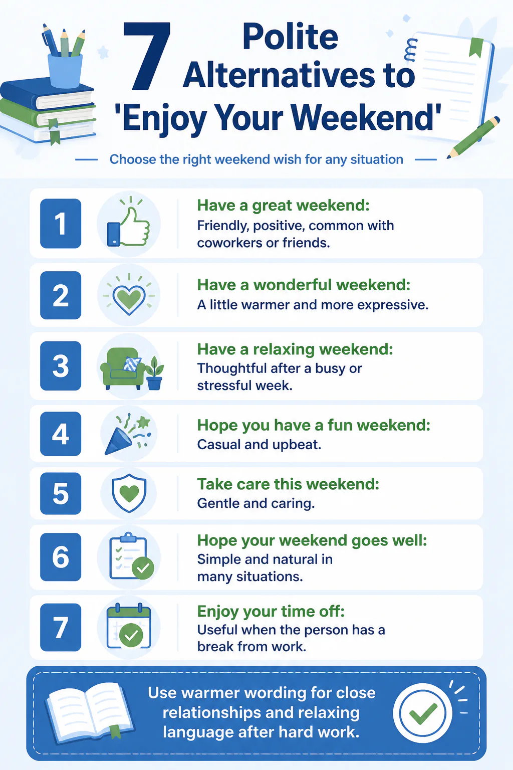 7 Polite Alternatives to 'Enjoy Your Weekend'